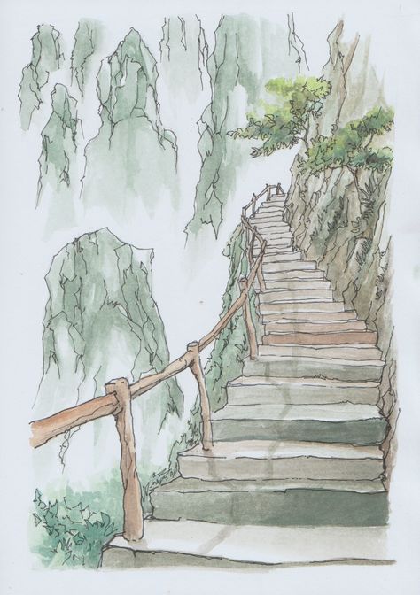 Staircase Drawing, How To Draw Stairs, Stair Art, Stairs To Heaven, Long Painting, Art Buildings, Inktober 2023, Aesthetic Architecture, Landscape Sketch