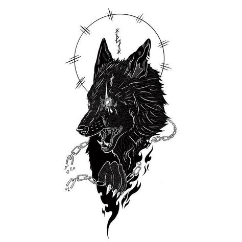 Lycan Tattoo Design, Nordic Fenrir Tattoo, Scary Wolf Tattoo, Fenrir Tattoo Design Norse Mythology, Gothic Wolf Tattoo, Fenrir Tattoo Mythology, Blackwork Wolf Tattoo, Nordic Wolf Tattoo, Hell Hound Tattoo