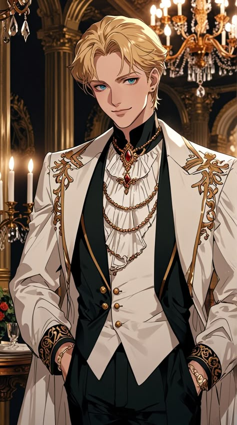 In a 1980s vibe A goodlooking nobleman wear white bla 0 White Fantasy Suit, Prince Fantasy Outfit, Manhwa Prince Outfit, Prince Clothes Royal, Noble Character Design, Prince Tuxedo, Fantasy Prince Outfit, Noble Outfit, Prince Coat