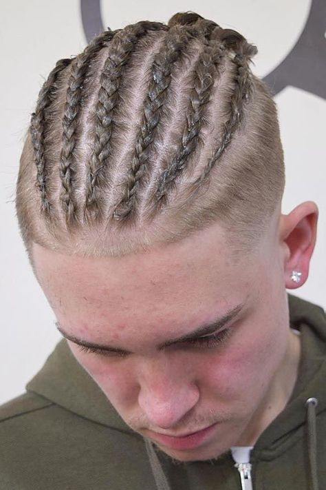 A Photo Gallery Of Man Bun Braids Hairstyles #undercut #manbraid #manbun #braidsformen #cornrows ★Want to try on man bun braids and looking for some inspiration? In our gallery, you'll find the most elaborate design ideas that suit everyone, from white to black men. Choose the style that matches your tastes and preferences, be it a short hair braided top knot or undercut cornrow bun. ★  #menshaircuts #menshairstyles White Boy Cornrows, White Men Braids, Wolfcut Man, Short Hair Braids Men, White Boy Braids, Cornrows For Men Short Hair, Men’s Braided Hairstyles, White Guy With Braids, Braids On Men