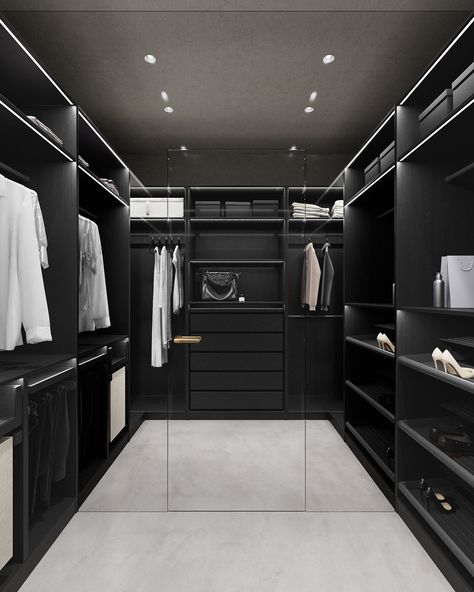 Black Interior Home Aesthetic, Black Closet Ideas, Dröm Hus Planer, Luxury Closets, Closets Design, Black Bedroom Design, Black Closet, Future Bedroom, Dream Closet Design