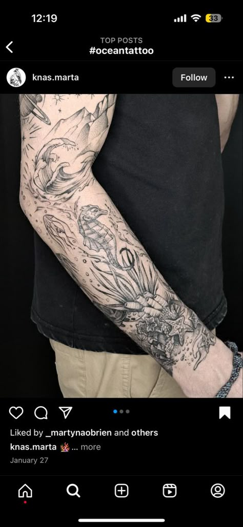 Tattoo Ideas Female Sleeve Filler, Animal Arm Sleeve Tattoos For Women, Ocean Tattoo Sleeve For Women Black, Marine Sleeve Tattoo, Bottom Of The Ocean Tattoo, Water Leg Sleeve Tattoo, Marine Life Sleeve Tattoo, Under Water Sleeve Tattoo, Ocean Shoulder Tattoos For Women