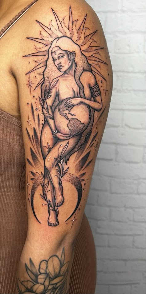 Feminine Art Tattoos, Lower Back Tattoos For Black Women, Woman Holding World Tattoo, Italian Goddess Tattoo, Earthy Spiritual Tattoos, Spiritual Woman Tattoo, Mother Earth Tattoo Black Woman, Patch Work Leg Sleeve Tattoo Woman, Divine Woman Tattoo