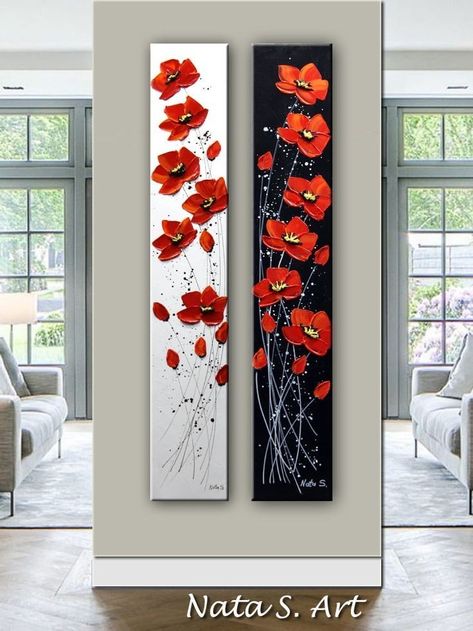 Hanging Flowers Painting, Poppy Painting Acrylic, Vertical Canvas Painting, Red Poppies Painting, Red Poppy Painting, Poppies Painting, Poppy Wall Art, Wildflower Paintings, Palette Knife Art