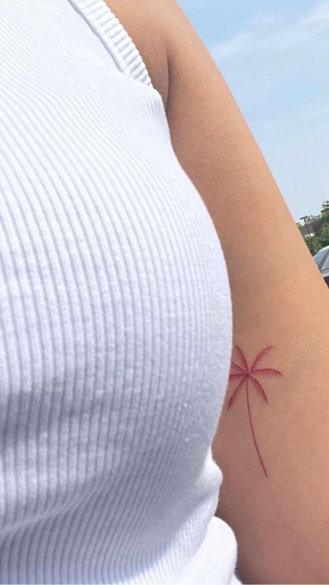 Red Palm Tree Tattoo, Fine Line Palm Tree Tattoo, Tattoo Ideas Fineline, Palm Tree Tattoo Arm, Palm Tattoos For Women, Tattoo Palm Tree, Red Ink Tattoo Ideas, Tattoo Red Ink, Zebra Tattoo