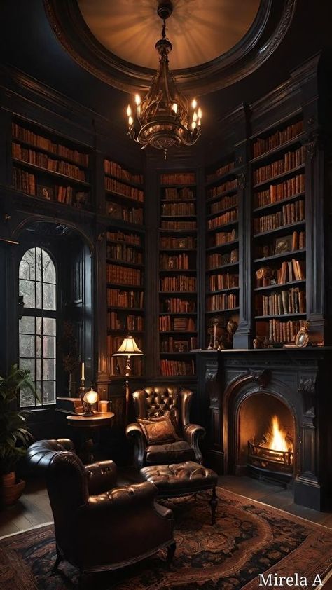 Dark Aesthetic Library Room, Goth Library Aesthetic, Old English Library Study, Goth Home Library, Gothic Study Room, Dark Manor Aesthetic, Gothic Home Library, Gothic Library Room, Victorian Bookshelves