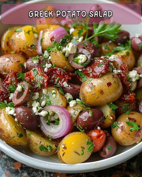 Yay Recipes, Greek Potato Salad, Salad Dressing Recipes Vinaigrette, Fruit Sides, Pasta Veggies, Potato Salad Recipe Easy, Greek Vinaigrette, Potatoe Salad, Food Workout