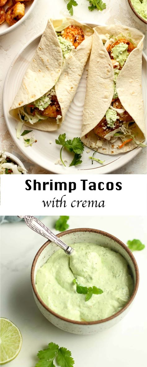 Shrimp Tacos with Crema feature tender, seasoned shrimp paired with a crunchy slaw and creamy avocado sauce. Make this simple, delicious meal a summer staple! Shrimp Tacos With Avocado Cream Sauce, Shrimp Tacos Avocado Sauce, Shrimp Tacos Easy Sauce, Shrimp Taco Crema Sauce, Shrimp Taco Crema, Garlic Butter Shrimp Tacos, Shrimp Tacos With Avocado Crema, Shrimp Tacos With Sauce, Dressing For Shrimp Tacos