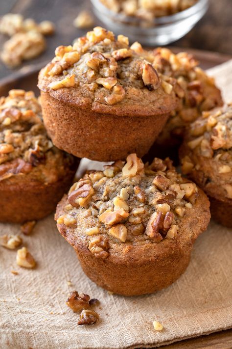 Banana Nut Muffins | The Cozy Apron Breakfast Muffins Recipes, Coffee Shop Breakfast, Banana Nut Muffins Healthy, February Meal Plan, Pastry Savory, Banana Walnut Muffins, Zucchini Recipes Dessert, Walnut Muffins, Summer Sandwiches