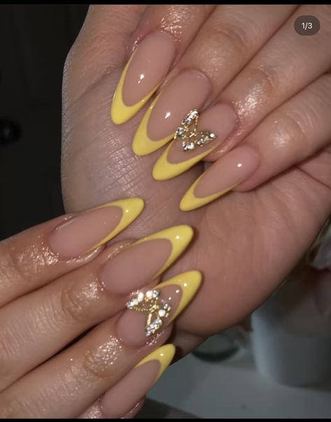 Nails 3d, Color Nails, Coffin Shape Nails, Acrylic Nails Coffin Pink, Unique Acrylic Nails, Butterfly Nail, Oval Nails, Yellow Nails, Square Acrylic Nails