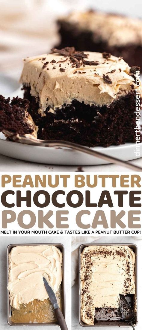 Easy Peanut Butter Frosting, Peanut Butter Poke Cake, Peanut Butter Icing, Chocolate Peanut Butter Desserts, Chocolate Poke Cake, Chocolate Peanut Butter Cake, Poke Cake Recipes, Peanut Butter Frosting, Peanut Butter Cake