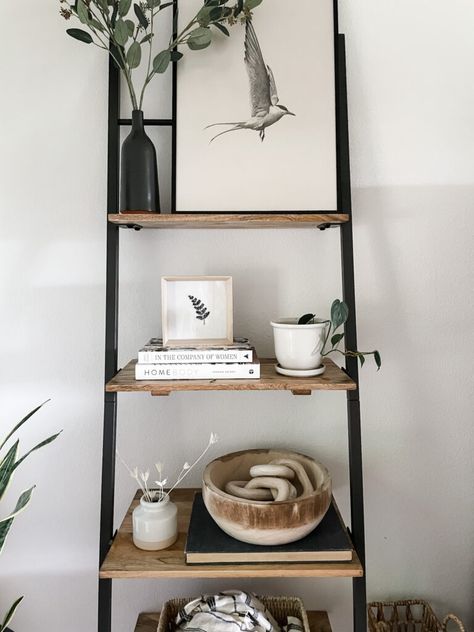 Interior Decor Pieces, Latter Shelves, Styling An Etagere, How To Style A Ladder Shelf, Leaning Bookshelf Decor, Metal Shelf Decor, Ladder Shelf Decor, Leaning Bookshelf, Shelf Decor Ideas