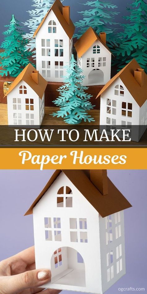 How To Make Cardboard Houses Christmas Villages, House With Paper Craft, Cricut Paper Christmas Houses, 3d Paper Houses Cricut, Paper Houses Diy How To Make, Christmas Houses Diy Craft Ideas, Putz Houses Templates Cricut, Christmas Village Diy Cardboard, How To Make Christmas Village Houses