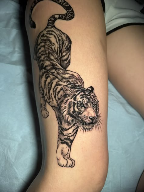 Muay Thai Tiger Tattoo, Tiger Prowling Tattoo, Tiger Peony Tattoo, Tiger Sitting Tattoo, Tiger And Leopard Tattoo, Large Tiger Tattoo, Bellisima Tattoo, Panther Sleeve Tattoo, Tiger Tattoo For Women Thighs