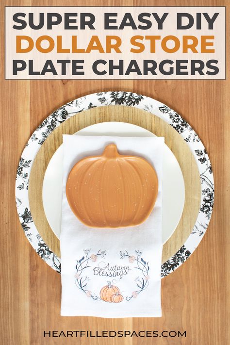 How to make these DIY plate chargers in a few easy steps with dollar store items. Includes free autumn blessings printable. #tablesetting #platecharger #falltablesetting #thanksgivingtable #falltablescape #placesetting #dollartree #dollarstore #dollarspot Diy Plate Chargers, Thanksgiving Table Settings Dollar Store, Charger Plates Diy, Charger Plate Crafts, Easy Placemats, Charger Ideas, Diy Chargers, Place Settings Thanksgiving, Plate Chargers