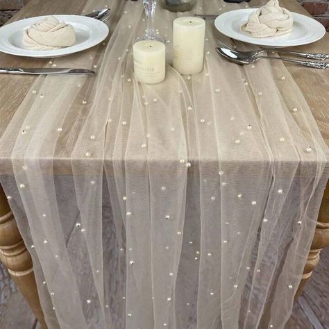 Elegant Polyester Table Runner With Faux Pearl Accents - Woven Solid Color Rectangular Table Cover For Wedding Arch, Reception Decoration, And Christmas Holiday - Long White Sheer Tablecloth With Pearl Decor | SHEIN USA White Dessert Tables, Extra Long Table Runners, Bridal Shower Desserts Table, Pearl Bridal Shower, Table Runner For Wedding, Bridal Shower Desserts, Reception Bride, Table Runner Wedding, Tafel Decor