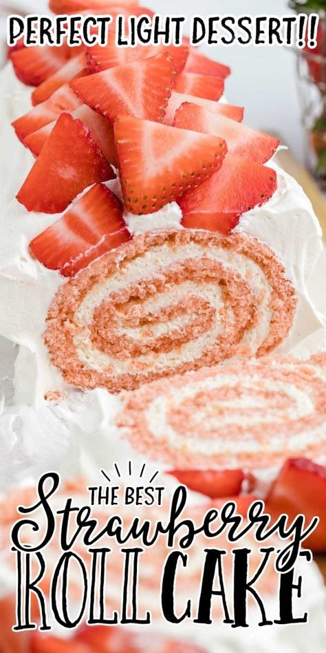 The strawberry roll cake boasts a moist strawberry-flavored cake encasing a velvety cream cheese and brown sugar filling, topped with a light whipped cream and luscious strawberries. Strawberry Cake Roll, Strawberry Roll, Cream Cheese Whipped Cream, Roll Cake Recipe, Jelly Roll Cake, Strawberry Roll Cake, Cream Cheese Rolls, Cake Roll Recipes, Cake Wraps