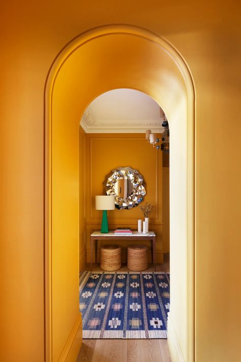 The paint colours that work well in a dark hallway | House & Garden Studio Peake, Sage Green Hallway, Radiator Console, Wall Colour Combinations, Yellow Hallway, Warm Living Room Decor, City Townhouse, 18th Century House, Hallway Paint