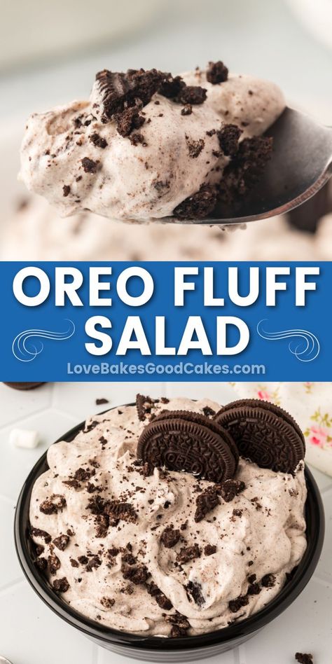 Oreo Fluff Salad pin collage Oreo Fluff Salad, Oreo Cookie Salad, Easy Oreo Fluff, Oreo Salad, Oreo Fluff Dessert, Cookie Salad, Cupcakes Oreo, Fluff Salad Recipes, Summer Desserts Easy Healthy