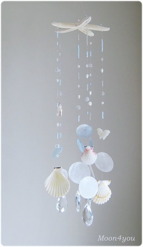 Beach Mobile, Sea Glass Wall, Beachy Wall Art, Glass Wall Hanging, Beach Room, Crystal Suncatcher, Beachy Decor, Capiz Shell, Shell Decor