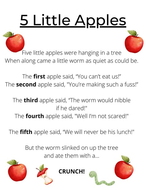 Help your little one boost their early reading and listening comprehension skills as well as retelling abilities with this digital download of our original poem, "Five Little Apples"! This poem helps support rhyming, rhythm, and reading dialogue with expression. Your little one can learn to recite the poem by themselves, act it out as they listen, or retell the poem on their own! THIS IS A DIGITAL DOWNLOAD! If you would like to purchase a hard copy that is dry erase friendly with 5 wooden apples Apple Rhymes Preschool, 5 Little Apples Song, Apple Poems Preschool, Fall Lesson Plans For Preschool, Apple Poem, Fall Poetry, Apple Song, Preschool Poems, Nursery Rhymes Lyrics