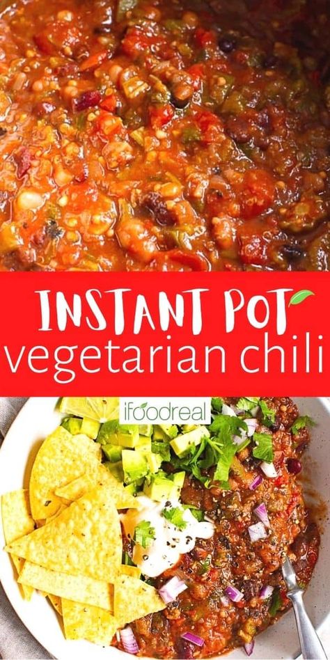 This Instant Pot Vegetarian Chili is a hearty stew made with beans, veggies, quinoa and irresistible rainbow of smoky flavours. Full of fiber and protein, vegan friendly and ready in under an hour healthy dinner. Watch it disappear even among carnivores. A winner!!! :) Fall Instant Pot Recipes, Instant Pot Vegetarian Chili, Instant Pot Vegetarian Recipes, Mushroom Chili, Slow Cooker Recipes Easy, Instant Pot Vegetarian, Easy To Cook Recipes, Instant Pot Dinners, Group Dinner