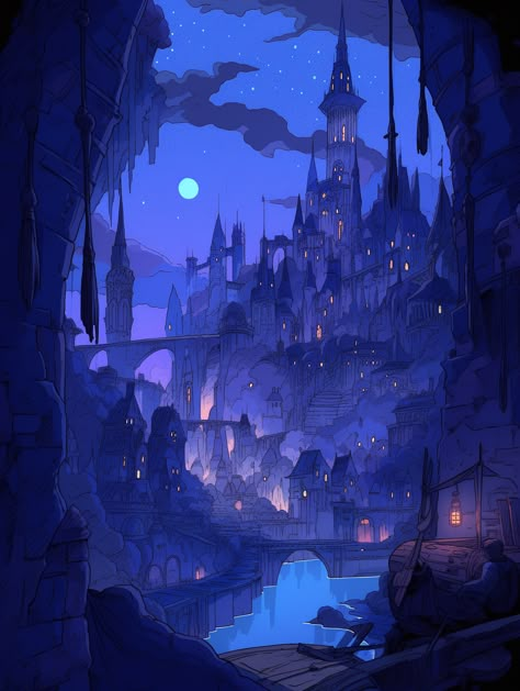 Castle Illustration Fairytale, Dark Forest Illustration, Night Time Illustration, Dreamland Aesthetic, Fairy Tale Background, Fairytale Core, Castle Background, Dnd World, Fantasy Locations