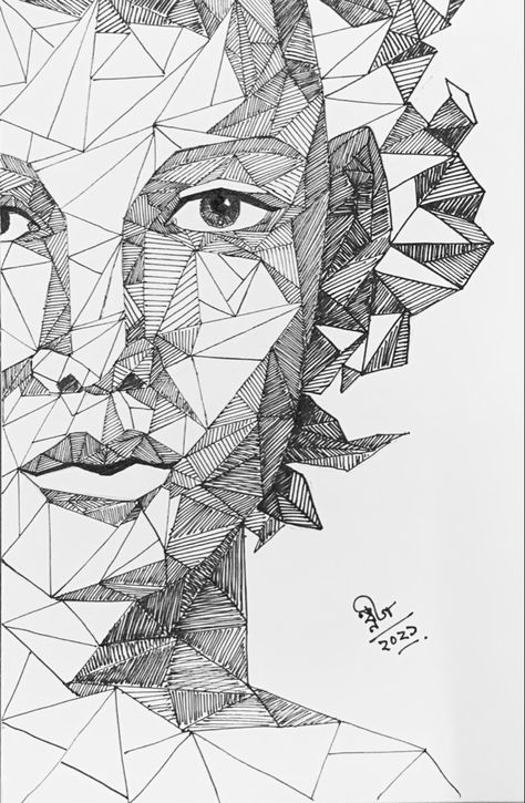 Geometric portrait. Made with micron pen . easy to draw. Geometric Portrait Drawing, Geometric Portrait Drawing Faces, Geometric Face Drawing, Easy Geometric Drawings, Geometric Face Art, Easy Pen Sketches, Face Geometry, Drawing Deer, Geometry Drawing