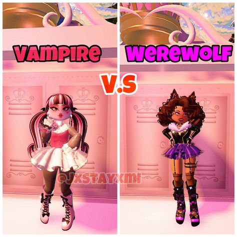 Rh Vampire Fit, Werewolf Outfit Royale High, Rh Pageant Themes, Werewolf Royale High, Mythological Creatures Royale High Outfits, Royal High Vampire Outfit, Hero Vs Villain Royale High, Vampire Vs Werewolf Royale High, Vampire Royale High