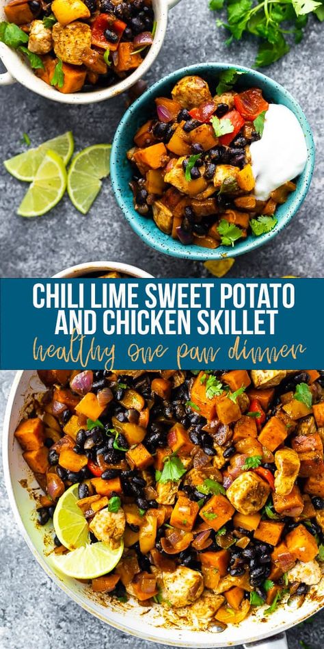 This Chili Lime Sweet Potato and Chicken Skillet recipe is a healthy one pan dinner recipe with delicious Southwestern flavor. Perfect recipe for meal prep. Serve with a dollop of yogurt and a squeeze of lime! #sweetpeasandsaffron #chickenskillet #onepanmeal #onepan #mealprep Meal Prep Chicken And Sweet Potatoes, Chicken Bowls With Sweet Potatoes, Quinoa Bowl With Sweet Potato And Chicken, Whole 30 Hearty Meals, Meals With Roasted Sweet Potatoes, Meal Preps With Sweet Potatoes, Quick And Easy Dinner Recipes Sweet Potato, Lite Healthy Dinners, Healthy Balanced Lunch Recipes