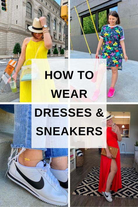 Skirts To Wear With Sneakers, Dress Casual With Sneakers, How To Dress With Sneakers, Dress Snickers Outfit, Tennis With Dress Outfit, Tennis And Dress Outfits, Casual Summer Dress Outfits 2023, Dress And Gym Shoes Outfit, Green Dress Sneakers Outfit