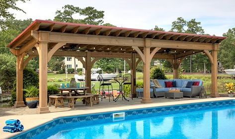 Gazebo Ideas Pool Side, Pool Pergolas Cabanas, Outdoor Living Pavilion, Pavilion By Pool, Large Gazebo Ideas, Outdoor Pool Gazebo Ideas, Pool Pavillion Backyard, Custom Gazebo Ideas, Pool Pavilion Ideas With Bathroom