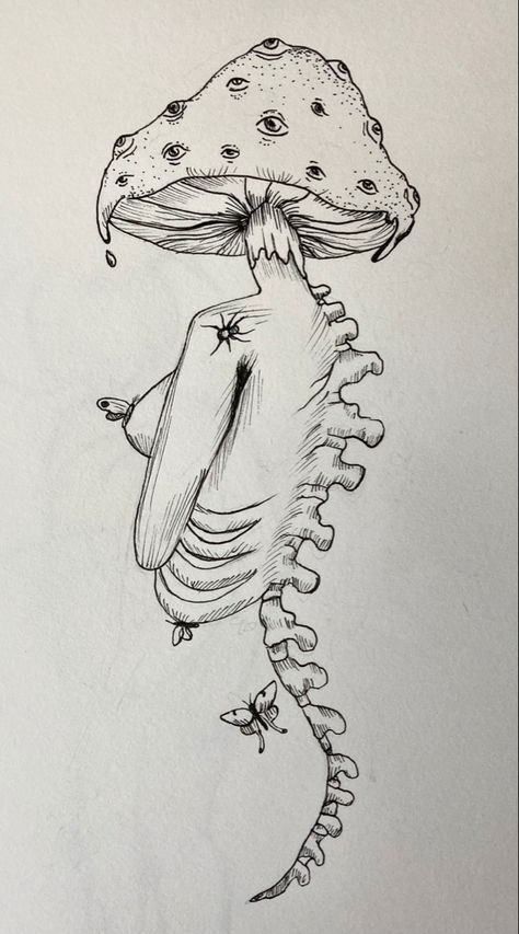 Trippy mushroom art. Female body. Skeleton spine. Moth and bug tattoo idea. Surreal mushroom drawing. Trippy Mushroom Art, Trippy Mushroom, Creepy Drawings, Arte Grunge, Mushroom Drawing, Grunge Art, Arte Sketchbook, Doodle Art Designs, Mushroom Art