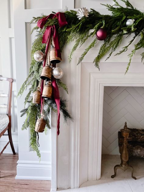 Classic Burgundy and Silver Mantel - Deeply Southern Home Burgundy Christmas Decor, Christmas Mantel Garland, Burgundy Christmas, Holiday Mantel, Christmas Decor Inspiration, Christmas Mantel Decorations, Christmas Mantle, Christmas Fireplace, Southern Home