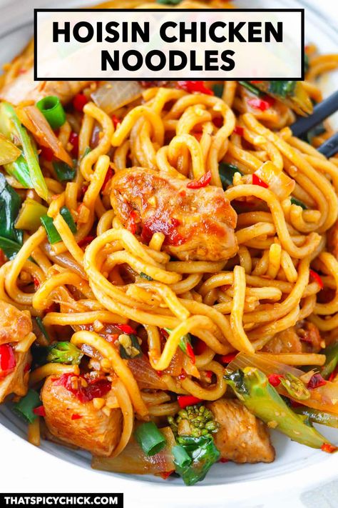 Sticky, savory-sweet, spicy and DELICIOUS, this Hoisin Chicken Noodles dish is incredibly flavorful and easy to make! Tender chicken, fragrant aromatics, veggies and noodles get tossed in mouthwatering stir fry sauce starring hoisin sauce! It’s customizable with your favorite protein and veggies and gluten-free and vegetarian/vegan adaptable. #noodles #stirfry #dinner #easyrecipes #chinesefood #asianfood #spicy #chickennoodles #hoisinsauce #mealprep #highproteinmeals | That Spicy Chick Banh Mi Chicken, Chicken Stir Fry Rice, Recipes With Hoisin Sauce, Rice Noodle Dishes, Cold Noodles Recipes, Veggies And Noodles, Fresh Ramen Noodles, Hoisin Chicken, Rice Noodles Stir Fry