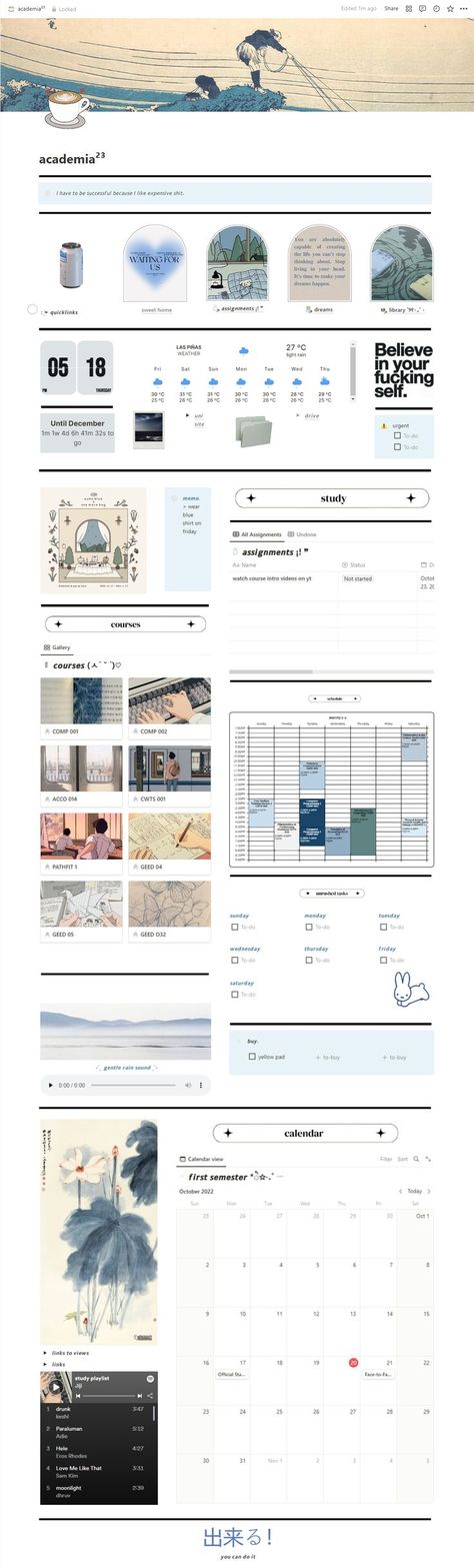 academia, university 2023 notion ❝this is a light mode version of the original dark mode. ❝ inspired by @catgirlganyu on Pinterest ; TEMPLATE: https://ko-fi.com/s/cc30225dcc #notion #academia #university #college #template #notiondesign #productivity #cloudji University Notion, 2023 Notion, Notion Setup, Study Planner Free, Meal Planner Template, Student Life Hacks, Small Business Planner, Pinterest Templates, Dark Mode