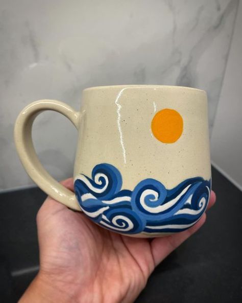 Wave Pottery Painting, Men’s Pottery Painting, Ceramic Art Ocean, Ocean Mug Ceramics, Pottery Mug Designs Painted, Pottery Painting Waves, Paint It Yourself Pottery, Ceramic Painting Cup Ideas, Cool Pottery Designs