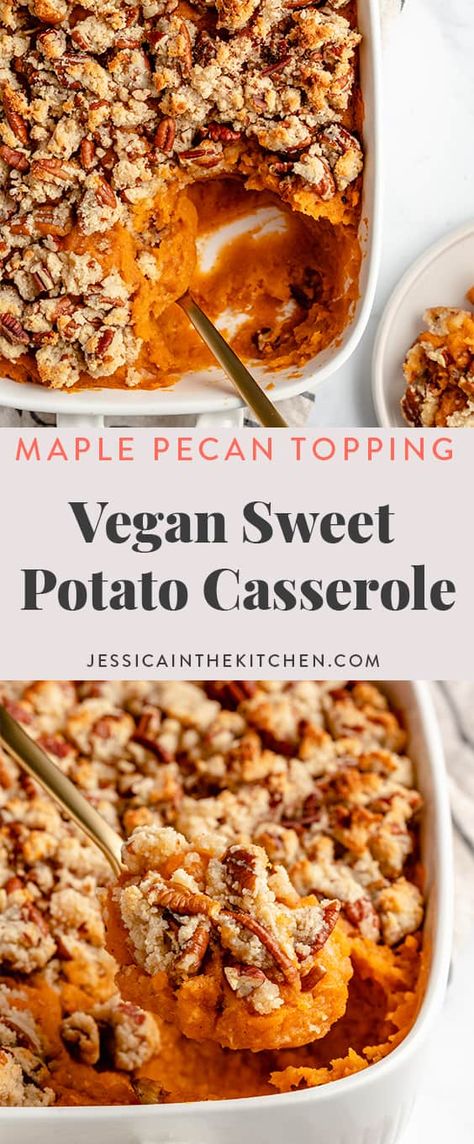 Sweet Potato Casserole Vegan, Casserole Vegan, Vegan Sweet Potato Casserole, Candied Pecan, Sweet Potato Thanksgiving, Vegan Casserole, Pecan Topping, Vegan Holiday Recipes, Starch Solution