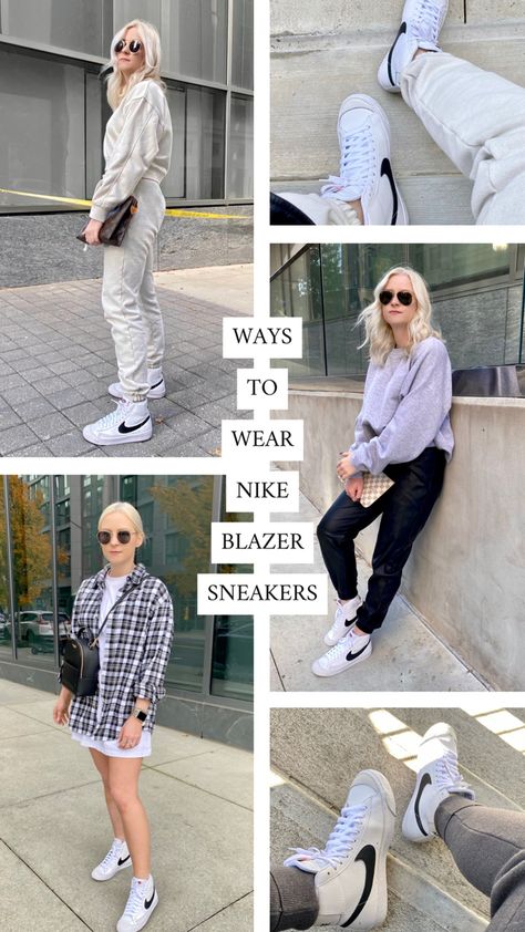 Nike blazer sneakers on person outfit ideas for sneakers High Tops Sneakers Outfit, Casual Nike Sneakers, High Top Nike Shoes Outfit, 77 Blazers Shoes Outfit, Nike Blazer Mid 77 Outfit Plus Size, How To Style Nike Shoes Women, Women Nike Blazer Mid 77 Outfit, Blazer Outfits For Women Sneakers, Nike Blazer Mid '77 High Top Sneaker Outfit