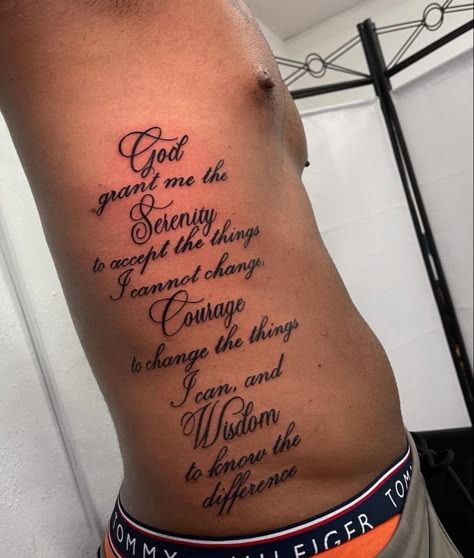 Bible Verse Tattoo Men, Rib Tattoo Men, Rib Tats, Mens Side Tattoos, Bible Verse Tattoo, Prayer Tattoo, Rib Tattoos For Guys, Leg Sleeve Tattoos, Heaven Tattoos