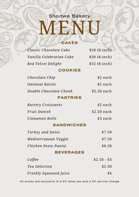 Brown Classic Illustrative Bakery Menu - Templates by Canva Bakery Menu Ideas Design, Baking Menu Design, Fall Bakery Menu Ideas, Small Cafe Menu Ideas, Bakery Menu Design Templates, Bakery Menu Board, Dessert Menu Ideas, Dessert Menu Design Ideas, Home Bakery Menu Ideas