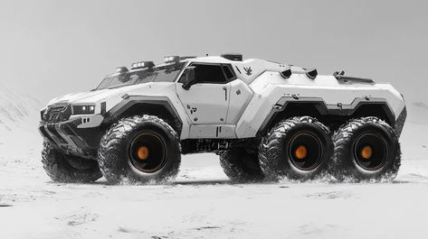 Futuristic, off-road vehicle navigating snowy terrain in overcast conditions. Futuristic Vehicle Concept Art, Futuristic Truck, Snowy Terrain, White Futuristic, Sci Fi Vehicle, Vehicle Concept Art, Sci Fi Spaceship, Snow Vehicles, All Terrain Vehicle