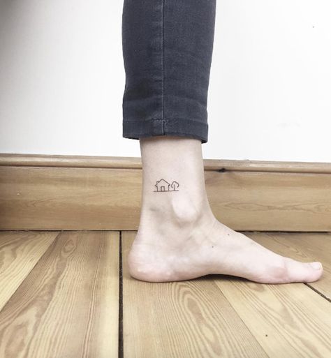 Mountain House Tattoo, Tiny House Tattoo Simple, House Tattoo Simple, Little House Tattoo, Small House Tattoo, House Tattoos, Geometric Mountain Tattoo, Cute Ankle Tattoos, Small Sister Tattoos