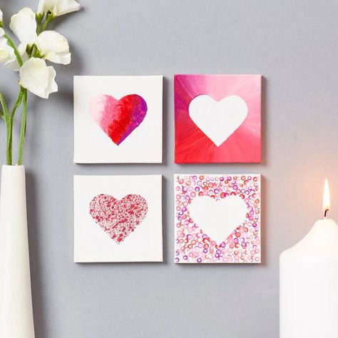 Mini Valentine’s Canvases Valentine Paintings On Canvas Easy, Valentines Day Paintings On Canvas Easy, Valentines Canvas Painting Ideas, Valentines Day Painting Ideas On Canvas, Valentines Canvas, Easy Paper Crafts For Kids, Cuadros Diy, Valentine Art Projects, Mini Toile