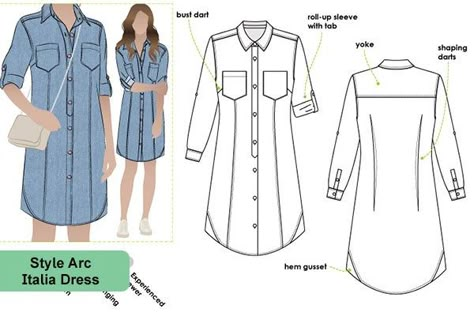 Como puedo hacer los patrones para talla S.? Italia Shirt, Style Arc, Shirt Dress Pattern, Shirt Sewing Pattern, Denim Shirt Dress, Dress Sewing Pattern, Dress Shirts For Women, Dress Sewing Patterns, Dress Sewing