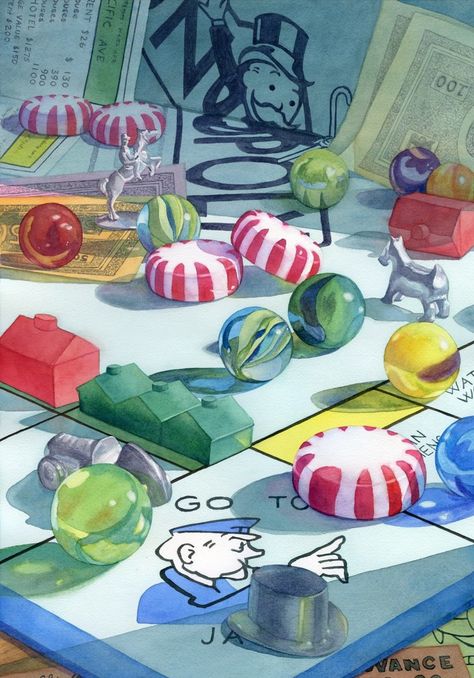 Fun and Games © Lorraine Watry Ap Art Portfolio Themes, Ap Art Portfolio, Colorado Watercolor, Monopoly Art, Women Watercolor, Nostalgia Art, Art 2024, 11th Grade, Candy Art