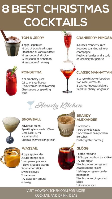 A festive guide showcasing Christmas cocktails like Cranberry Mimosa and Brandy Alexander, Cranberry Mimosa with colorful garnishes and rich holiday flavors, perfect for seasonal celebrations. Cocktail Ideas Alcoholic Drinks, Christmas Cocktail Menu Ideas, Christmas Wedding Cocktails, Special Christmas Dinner Ideas, Cocktails Recipes Christmas, Christmas Day Drinks, Christmas Cocktail Party Recipes, Virgin Christmas Cocktails, Christmas Inspired Cocktails