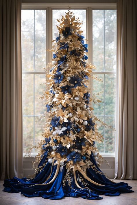 Elevate Your Holidays: Embracing the Blue, White, and Gold Christmas Tree Trend – A Sparkly Life for Me Royal Blue And Gold Christmas Decor, Royal Christmas Tree, Blue And Gold Christmas Tree, Christmas Ceiling, Blue And Gold Christmas, Blue Christmas Tree Decorations, Glam Christmas Tree, Christmas Tress, Christmas Delights