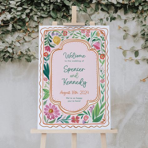 Colorful Floral Spring Welcome Sign, Colorful Flowers Sign, Editable Template, Instant Download, Wedding Welcome Sign, Garden Flowers, DAGNY by ForeverPrintDesign on Etsy Vibrant Pastel Wedding, Wedding Sign Unique, Simple Garden Party Wedding, Wildflower Wedding Welcome Sign, Floral Wedding Design, Hand Painted Wedding Welcome Sign, Funky Wedding Theme, Colorful Wedding Signs, Colourful Garden Wedding