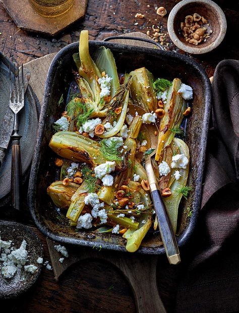 Braised fennel with orange and hazelnuts recipe | Sainsbury`s Magazine Braised Fennel, Grilled Fennel, Party Centrepiece, Fennel Recipe, Hazelnut Recipes, Fennel Recipes, Roast Fish, Roasted Fennel, Delicious Gluten Free Recipes